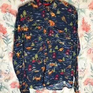 Vintage Festive Navy Animal Print Button-Up Shirt